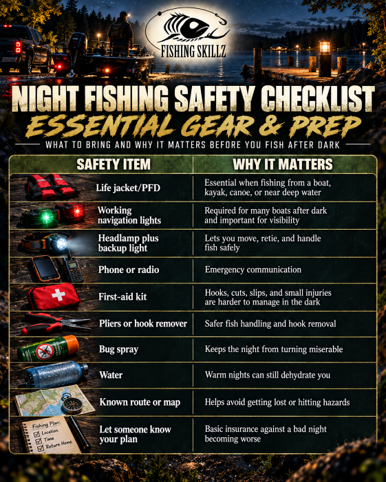 night fishing safety checklist essential gear infographic