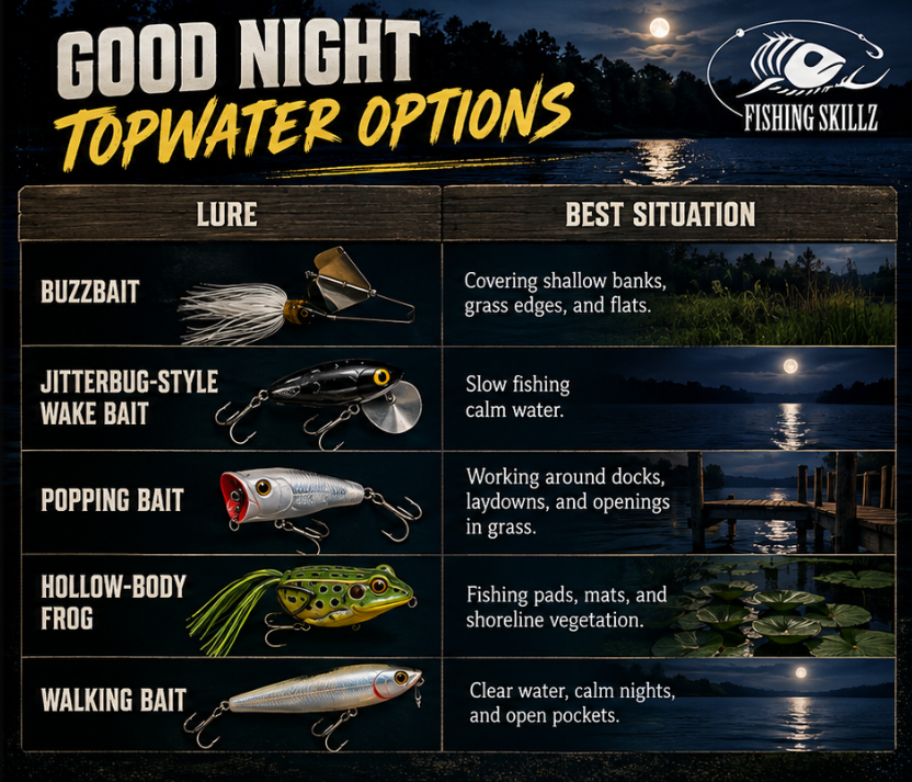 good night bass fishing topwater lure options infographic